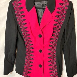 Lilli Ann Vintage Black and Fuchsia Lace-Trim Notched Blazer